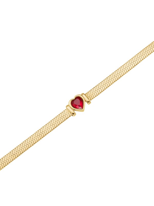Elegantna Rosefield narukvica u boji žutog zlata s crvenim kristalnim srcem, podesiva dužina 16-19,5 cm.
