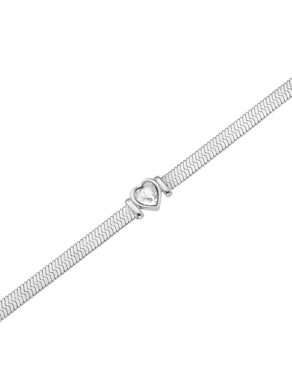 Elegantna Rosefield narukvica od nerđajućeg čelika u srebrnoj boji sa kristalnim srcem, podesiva dužina od 16cm do 19,5cm.