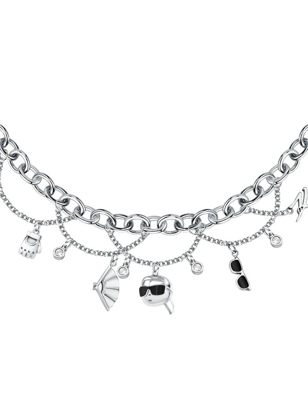 Karl Lagerfeld CHARMS ogrlica KLAYD02 – atraktivna ženska ogrlica od čelika u boji srebra sa visećim privescima: rukavica, lepeza, naočare i Karl. Dužina 40+5 cm.