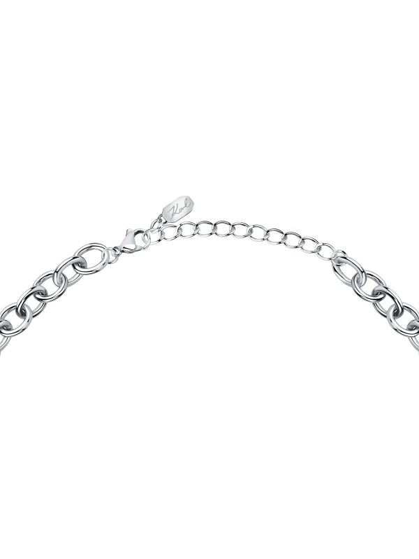 Karl Lagerfeld CHARMS ogrlica KLAYD02 – atraktivna ženska ogrlica od čelika u boji srebra sa visećim privescima: rukavica, lepeza, naočare i Karl. Dužina 40+5 cm.