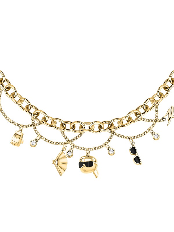 Karl Lagerfeld CHARMS ogrlica KLAYD01 – efektna ogrlica od čelika u boji žutog zlata sa privescima u obliku rukavice, lepeze, naočara i Karl figure. Dužina 40+5 cm.