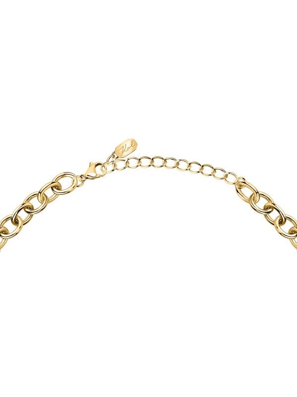 Karl Lagerfeld CHARMS ogrlica KLAYD01 – efektna ogrlica od čelika u boji žutog zlata sa privescima u obliku rukavice, lepeze, naočara i Karl figure. Dužina 40+5 cm.