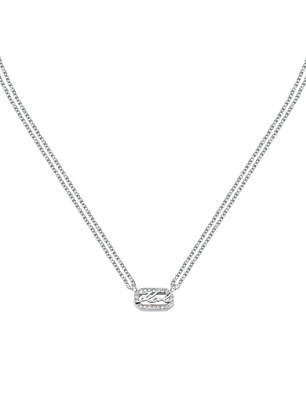 Karl Lagerfeld CRYSTALS ogrlica KLAYC13 – dupli lančić u boji srebra sa centralnim priveskom sa pavé cirkonima i KARL logom. Dužina 40+5 cm.