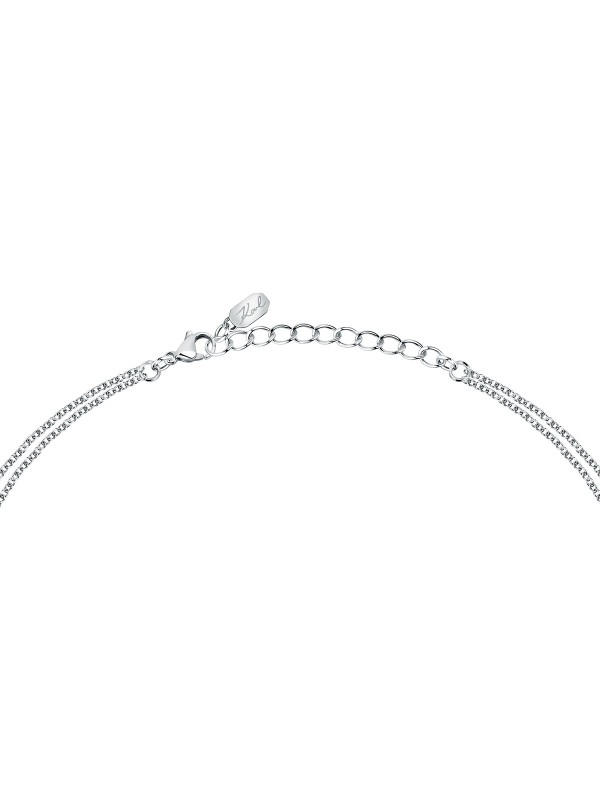 Karl Lagerfeld CRYSTALS ogrlica KLAYC13 – dupli lančić u boji srebra sa centralnim priveskom sa pavé cirkonima i KARL logom. Dužina 40+5 cm.