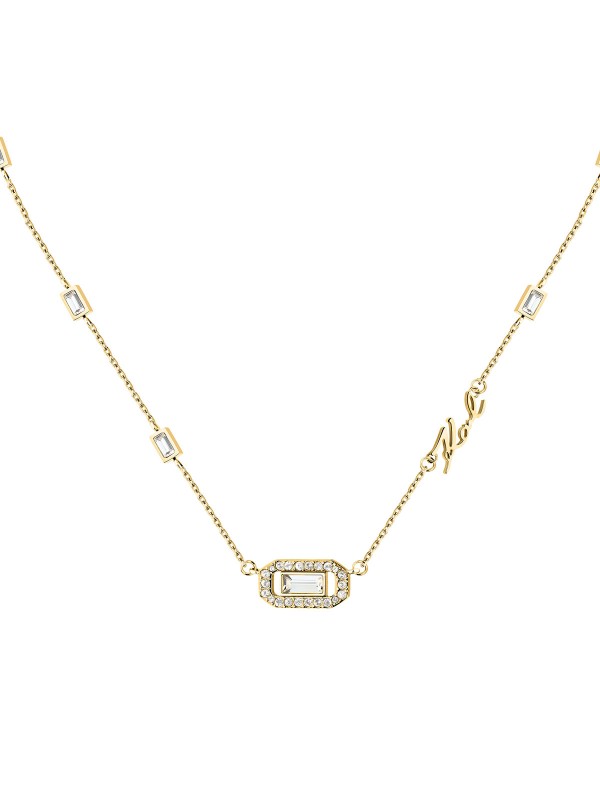 Karl Lagerfeld CRYSTALS ogrlica KLAYC09 – ženska ogrlica od nerđajućeg čelika u boji žutog zlata sa baguette providnim cirkonima i KARL logom. Dužina 38+7 cm.