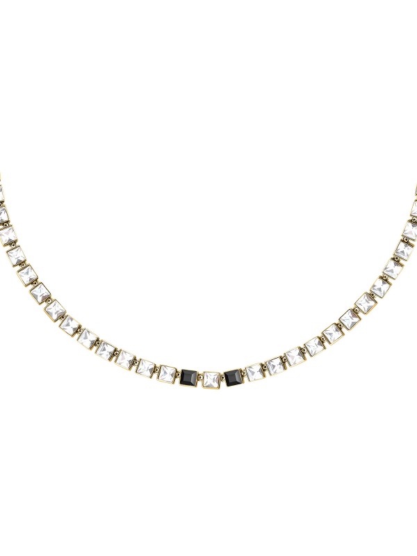 Karl Lagerfeld CRYSTALS ogrlica KLAYC04 – elegantna ženska tenis ogrlica od čelika u boji žutog zlata sa providnim i crnim kristalima. Dužina 40+2 cm.