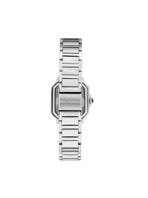 Karl Lagerfeld SQUARE CLASSICS sat R0553102503 – elegantan ženski sat sa kvadratnim kućištem (24 × 33 mm) od nerđajućeg čelika u boji srebra, sa cirkonima na koroni i baguette cirkonima na pozicijama 3h, 6h i 9h na srebrnom sunray brojčaniku. Vodootpornost do 30 m.