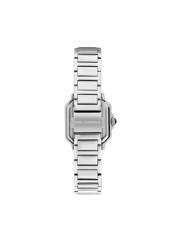 Karl Lagerfeld SQUARE CLASSICS sat R0553102507 – elegantan ženski sat sa kvadratnim kućištem (24 × 33 mm) od nerđajućeg čelika u boji srebra i crnim sunray brojčanikom. Vodootpornost do 30 m.