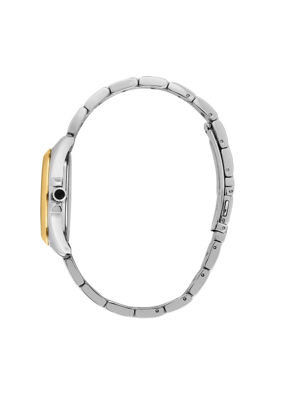 Karl Lagerfeld ROUND ESSENTIALS sat R0553101507 – elegantan ženski sat od čelika sa kućištem u boji srebra i zlatnom koronom. Narukvica u dve boje, srebrni sunray brojčanik sa prikazom datuma. Vodootpornost do 50 m.
