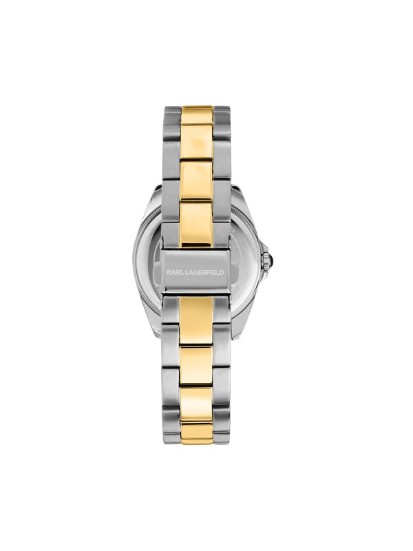 Karl Lagerfeld ROUND ESSENTIALS sat R0553101507 – elegantan ženski sat od čelika sa kućištem u boji srebra i zlatnom koronom. Narukvica u dve boje, srebrni sunray brojčanik sa prikazom datuma. Vodootpornost do 50 m.