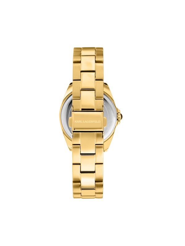 Karl Lagerfeld ROUND ESSENTIALS sat R0553101505 – elegantan ženski sat od nerđajućeg čelika u boji žutog zlata sa cirkonima na kućištu i belim sunray brojčanikom sa cirkon markerima sati. Multifunkcijski mehanizam sa datumom, vodootpornost do 50 m.