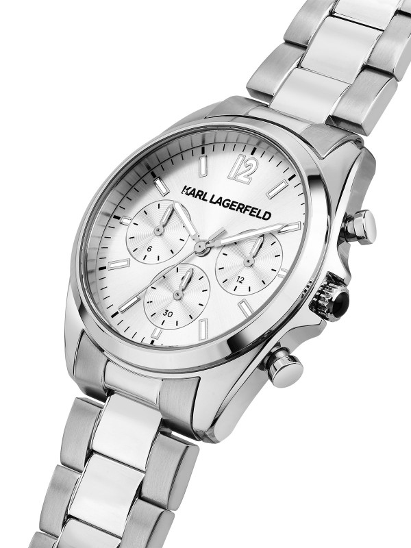 Karl Lagerfeld ROUND ESSENTIALS sat R0553101503 – elegantan ženski multifunction sat od nerđajućeg čelika u boji srebra sa srebrnim sunray brojčanikom. Vodootpornost do 50 m.