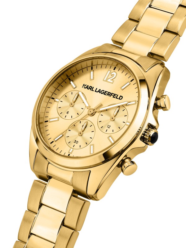Karl Lagerfeld ROUND ESSENTIALS sat R0553101502 – elegantan ženski multifunction sat od nerđajućeg čelika u boji žutog zlata sa zlatnim sunray brojčanikom. Vodootpornost do 50 m.