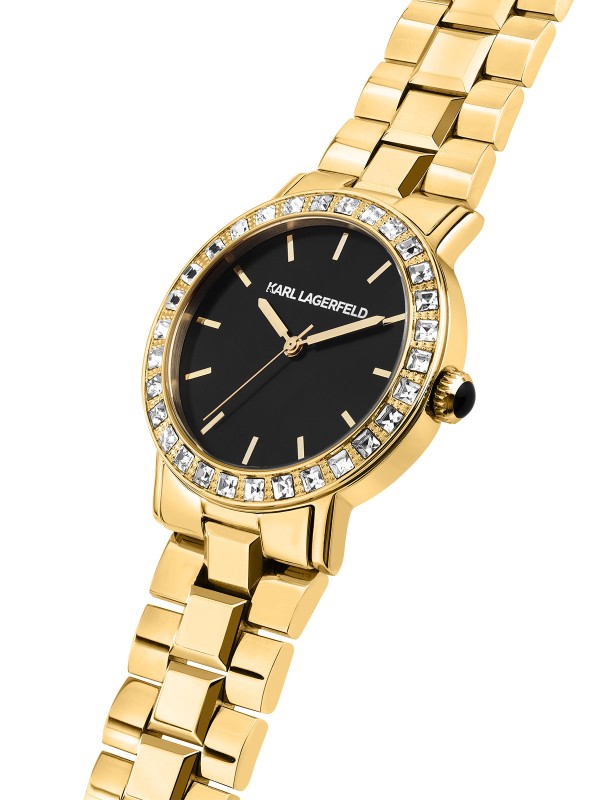 Karl Lagerfeld CRYSTALS sat R0553100508 – elegantan ženski sat od nerđajućeg čelika u boji žutog zlata sa crnim brojčanikom i cirkonima. Vodootpornost do 50 m.