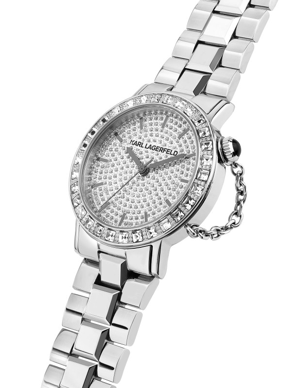 Karl Lagerfeld CRYSTALS sat R0553100506 – elegantan ženski sat od nerđajućeg čelika u boji srebra sa brojčanikom i koronom optočenim providnim pavé cirkonima. Vodootpornost do 50 m.