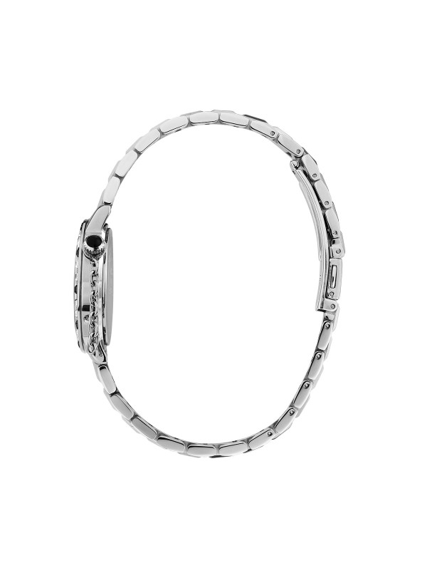 Karl Lagerfeld CRYSTALS sat R0553100502 – elegantan ženski sat u boji srebra sa crnim i providnim kristalima po ivici kućišta, crno‑sivim brojčanikom sa Karl portret printom. Vodootpornost do 50 m.