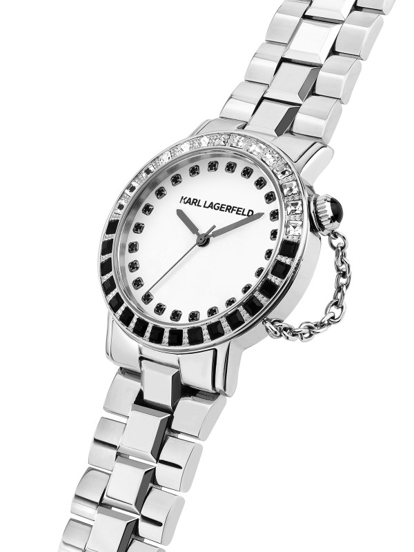 Karl Lagerfeld CRYSTALS sat R0553100501 – elegantan ženski sat od nerđajućeg čelika u boji srebra, sa crnim i providnim kristalima oko kućišta, mat belim brojčanikom sa crnim cirkonima na indeksima. Vodootpornost do 50 m.