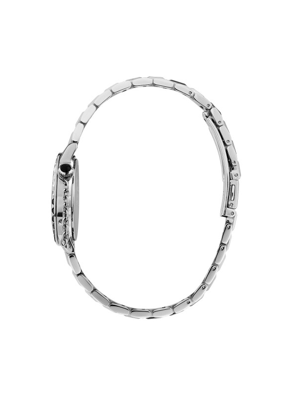 Karl Lagerfeld CRYSTALS sat R0553100501 – elegantan ženski sat od nerđajućeg čelika u boji srebra, sa crnim i providnim kristalima oko kućišta, mat belim brojčanikom sa crnim cirkonima na indeksima. Vodootpornost do 50 m.