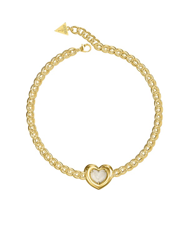 Guess L.O.V.E. ogrlica u boji žutog zlata sa pavé srcem koje blista elegancijom i romantikom. Moderan i ženstven komad za svaku priliku.