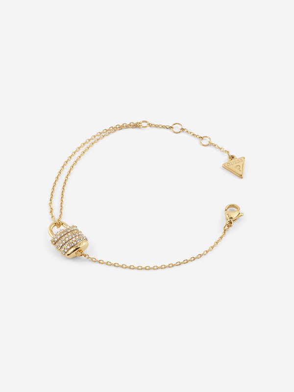 Guess MY SECRET JUBB05418JWYGS ženska narukvica u boji žutog zlata, izrađena od nerđajućeg čelika, sa elegantnim katancem ukrašenim cirkonima. Podesiva dužina 14,6 + 3,8 cm.