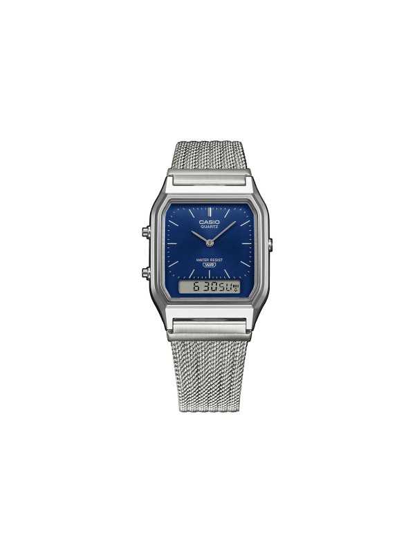 CASIO Vintage AQ-230EM-2AEF unisex sat sa mesh narukvicom i teget brojčanikom, analogno-digitalni prikaz, lagan, elegantan i praktičan za svaki dan.
