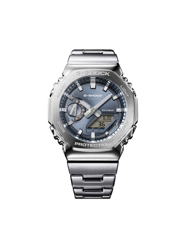 G-SHOCK GM-2110D-8A1ER muški analogno-digitalni sat oktagonalnog oblika sa metalik sivim brojčanikom i čeličnom narukvicom. Moderan, izdržljiv i otporan na udarce.