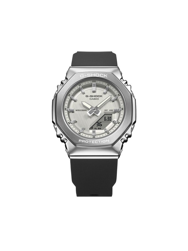 G-SHOCK GM-S2110-1A7ER ženski sportski sat sa čeličnom koronom, srebrnim brojčanikom i crnom gumenom narukvicom. Moderan, izdržljiv i vodootporan do 200m.