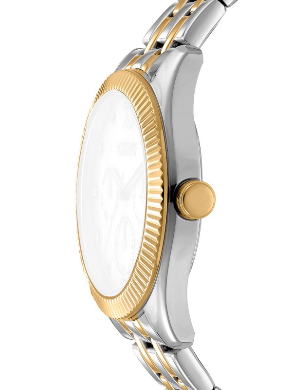 DKNY DK1L128M0085 sportski ženski sat u kombinaciji srebra i žutog zlata, sa multifunkcionalnim mehanizmom, cirkonima i čeličnom narukvicom.