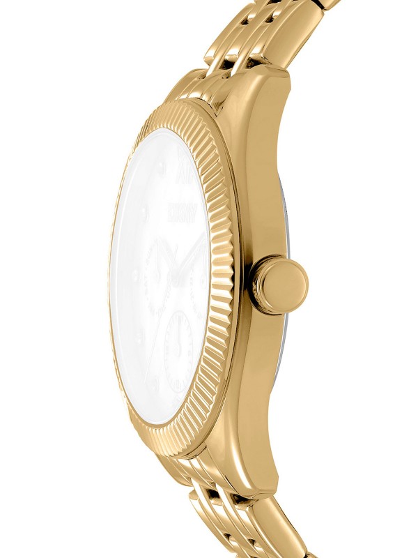 DKNY DK1L128M0065 sportski ženski sat u boji žutog zlata sa srebrnim brojčanikom, multifunkcionalnim mehanizmom, cirkonima i čeličnom narukvicom.