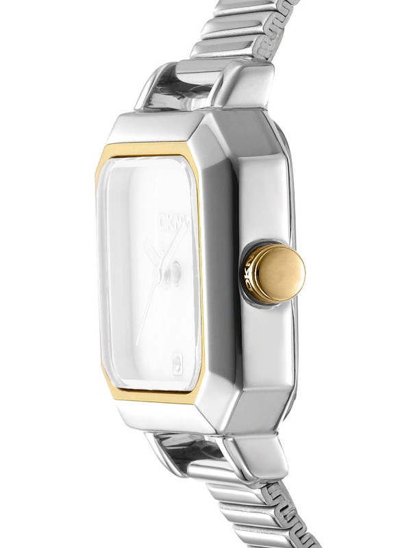 DKNY DK1L123M0065 trend ženski sat kockastog oblika u kombinaciji srebra i žutog zlata, sa zelenim brojčanikom, cirkonom na 6h i čeličnom narukvicom.