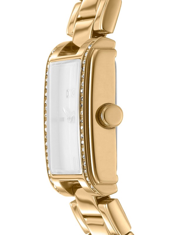 DKNY DK1L122M0055 elegantni ženski sat pravougaonog oblika u boji žutog zlata, sa cirkonima, zelenim brojčanikom i čeličnom narukvicom.