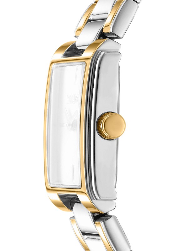 DKNY DK1L121M0085 elegantni ženski sat pravougaonog oblika u kombinaciji srebra i žutog zlata, sa zlatnim brojčanikom i čeličnom narukvicom.