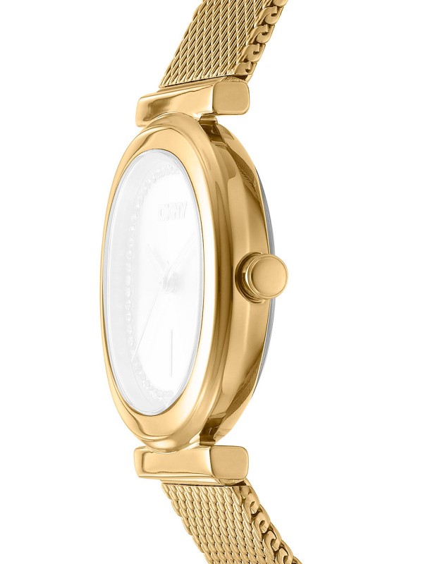 DKNY DK1L082M0035 elegantni ženski sat u boji žutog zlata sa mesh narukvicom i brojčanikom sa cirkonima. Sofisticiran dizajn za svaki dan.