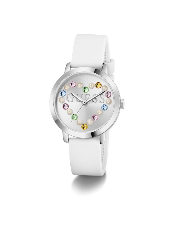 Guess Devotion GW0998L1 ženski sat u boji srebra sa belom silikonskom narukvicom, srebrnim sunray brojčanikom i motivom srca. Elegantno i moderno.