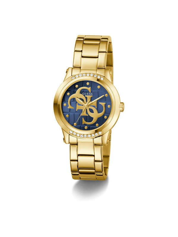 Guess Annette GW0861L6 ženski elegantni sat u boji žutog zlata sa teget sunray brojčanikom, 4G logom i cirkonima. Sofisticiran izbor za moderan stil.