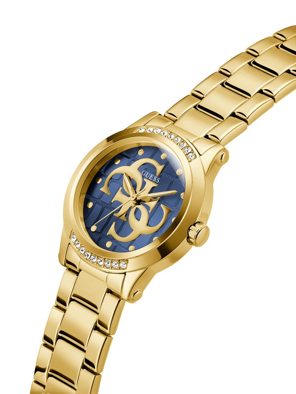 Guess Annette GW0861L6 ženski elegantni sat u boji žutog zlata sa teget sunray brojčanikom, 4G logom i cirkonima. Sofisticiran izbor za moderan stil.