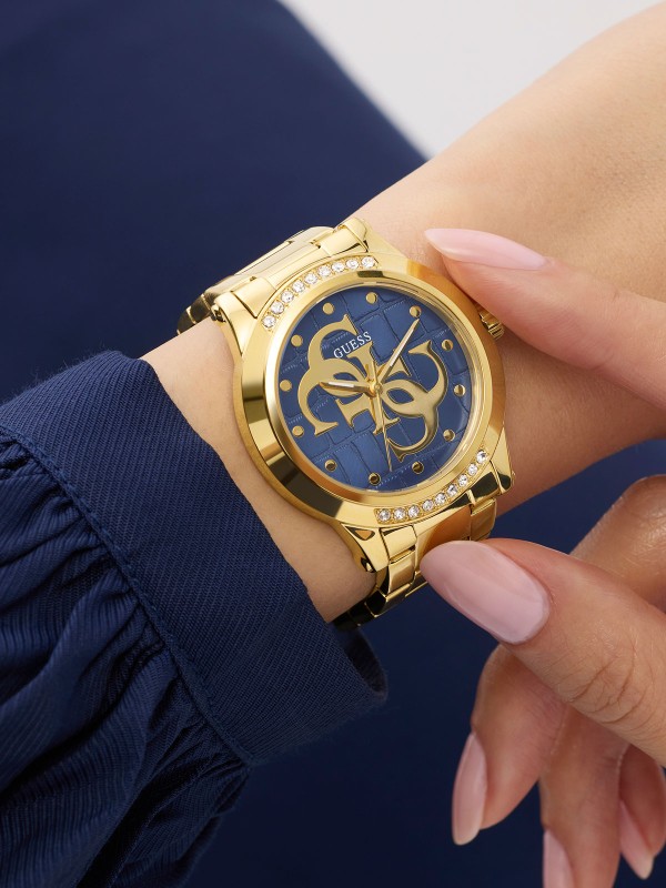 Guess Annette GW0861L6 ženski elegantni sat u boji žutog zlata sa teget sunray brojčanikom, 4G logom i cirkonima. Sofisticiran izbor za moderan stil.