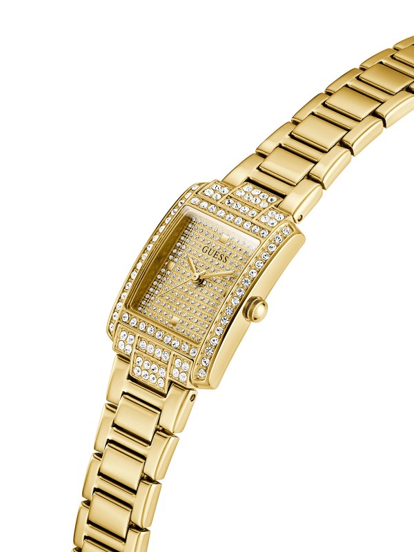Guess Bonnet GW0995L2 ženski elegantni sat sa pravougaonim kućištem u boji žutog zlata, ukrašen cirkonima. Sofisticiran i moderan izbor za svaki dan.