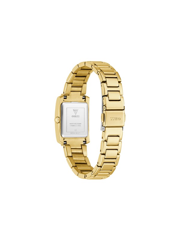 Guess Bonnet GW0995L2 ženski elegantni sat sa pravougaonim kućištem u boji žutog zlata, ukrašen cirkonima. Sofisticiran i moderan izbor za svaki dan.