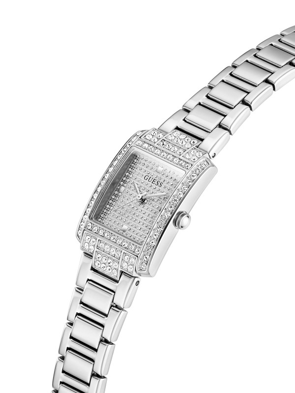 Guess Bonnet GW0995L1 ženski elegantni sat u srebrnoj boji sa pravougaonim kućištem i cirkonima. Kvarcni analogni mehanizam i čelična narukvica za sofisticiran izgled.