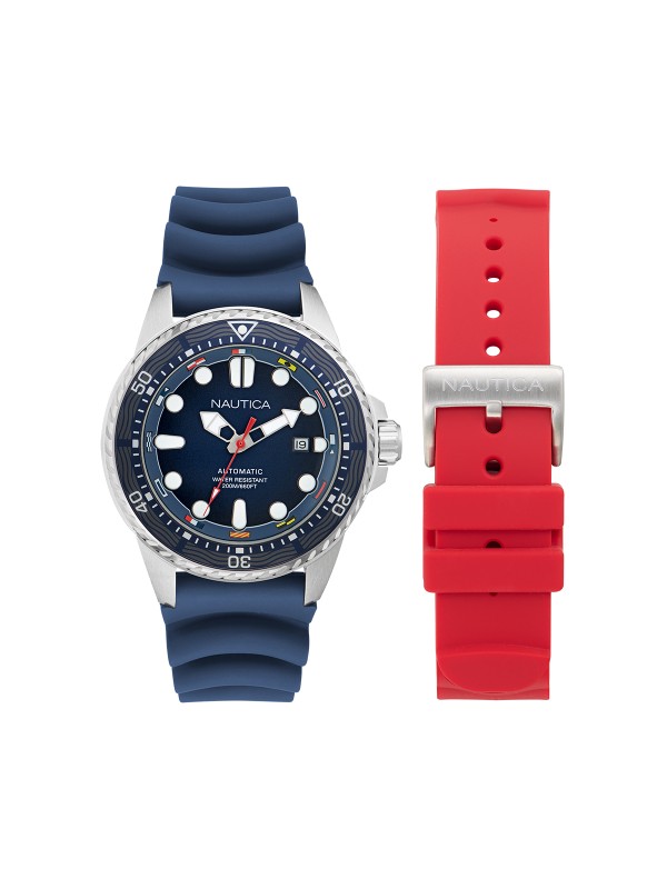 Nautica NCT Sea Dive muški automatik sat u box set pakovanju sa čeličnim kućištem, teget brojčanikom i dve silikonske narukvice za različite stilove.
