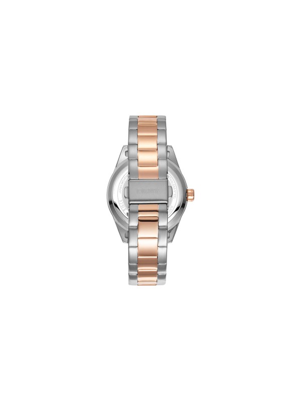 Elegantni DKNY ženski sat sa 38mm kućištem u dve boje, srebrni brojčanik, čelična narukvica, vodootporan do 50m, multifunkcionalan.