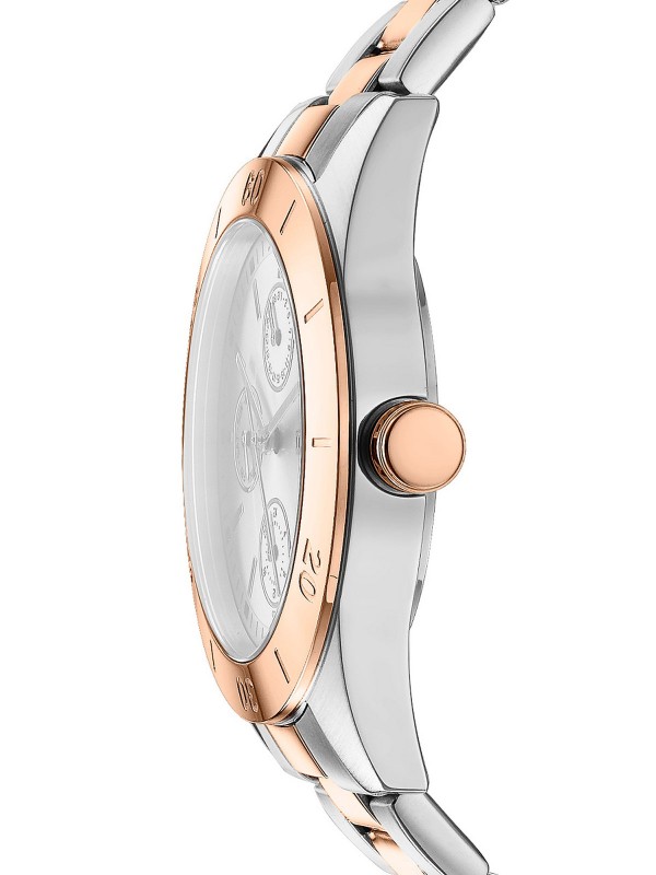 Elegantni DKNY ženski sat sa 38mm kućištem u dve boje, srebrni brojčanik, čelična narukvica, vodootporan do 50m, multifunkcionalan.