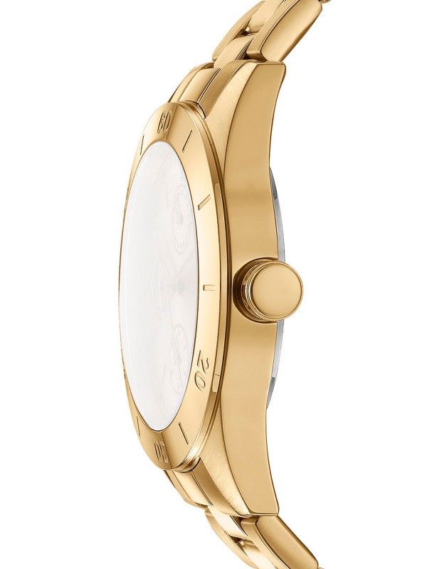 Elegantni DKNY ženski sat sa 38mm kućištem u boji žutog zlata, zlatnim brojčanikom i čeličnom narukvicom. Vodootporan do 50m, multifunkcionalan.
