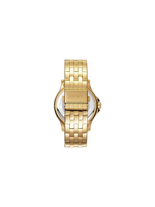 Elegantni DKNY ženski sat sa zlatnim kućištem i cirkonima, srebrnim brojčanikom i čeličnom narukvicom. Vodootporan do 50m, prečnik 40mm.