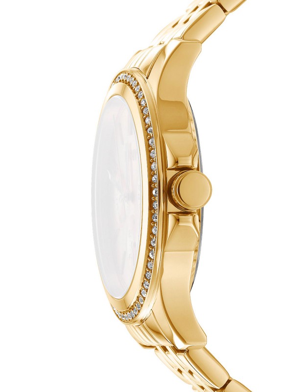 Elegantni DKNY ženski sat sa zlatnim kućištem i cirkonima, srebrnim brojčanikom i čeličnom narukvicom. Vodootporan do 50m, prečnik 40mm.
