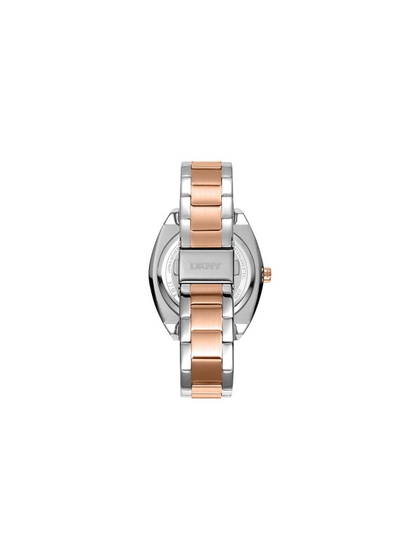 Elegantni DKNY ženski sat sa kućištem i narukvicom u dve boje, srebrni brojčanik, vodootporan do 50m, prečnik 38mm.
