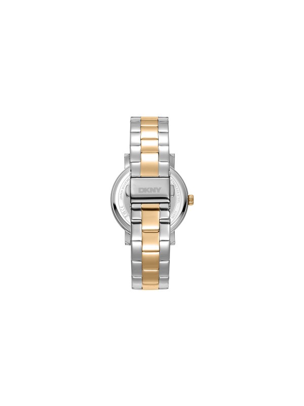 Elegantni DKNY ženski sat sa cirkonima, srebrnim brojčanikom i čeličnom narukvicom u dve boje. Vodootporan do 50m, prečnik 36mm.