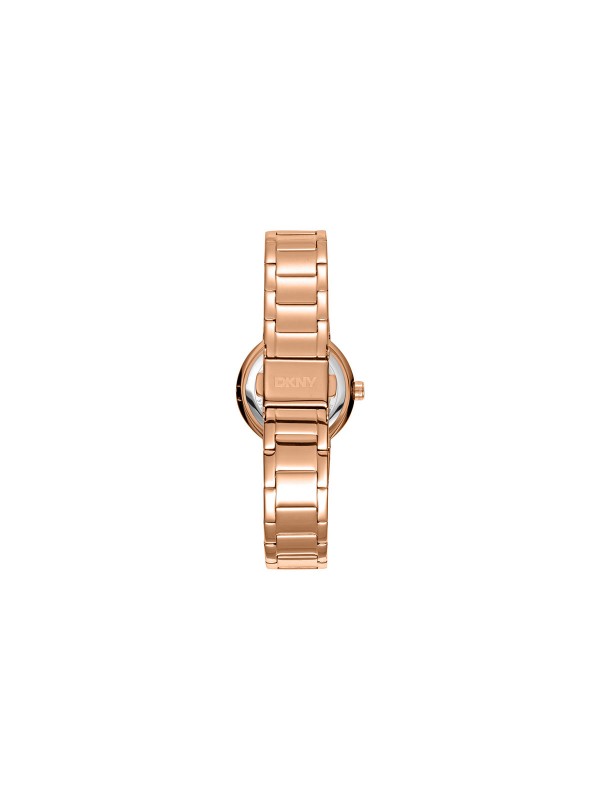 Elegantni DKNY ženski sat u boji roze zlata sa cirkonima, sivi brojčanik, čelična narukvica, vodootporan do 50m, prečnik 28mm.
