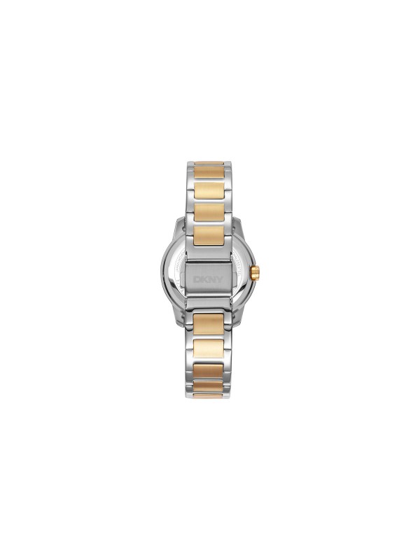 Elegantni DKNY ženski sat sa kućištem i narukvicom u dve boje, beli sedef brojčanik, vodootporan do 50m, prečnik 32mm.